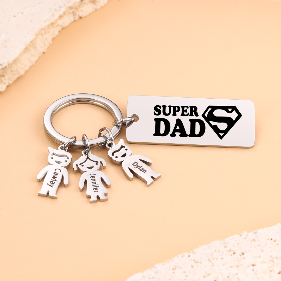 Father's Day Gift Personalised Super Dad Keychain Engraved 3 Kid Charms-Jessemade AU
