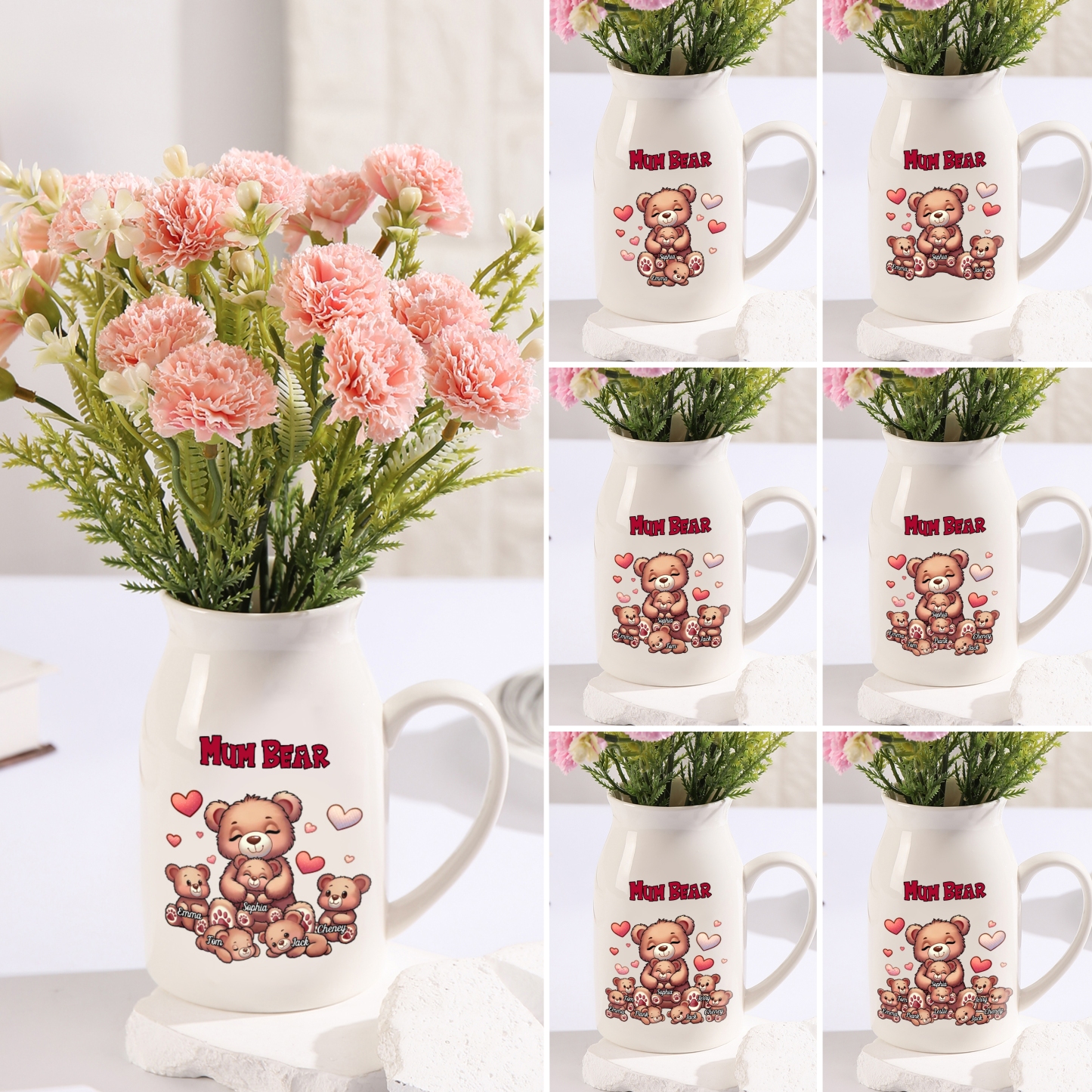 Personalised Ceramic Flower Vase Custom 2–8 Names & 1 Text Bear Family Vase Gift for Mother/Grandma-Jessemade AU