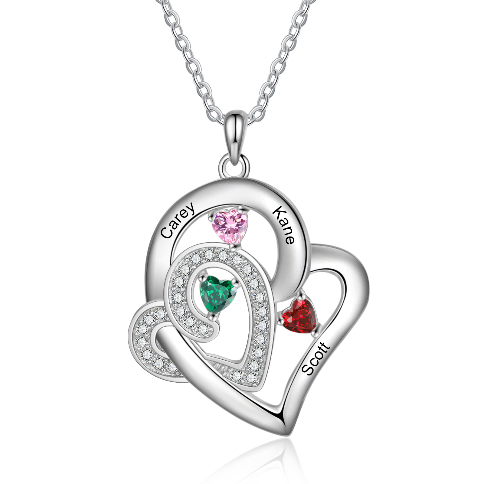 Personalised Double Heart Necklace With 3 Birthstones Custom Names Necklace Gift For Her-Jessemade AU