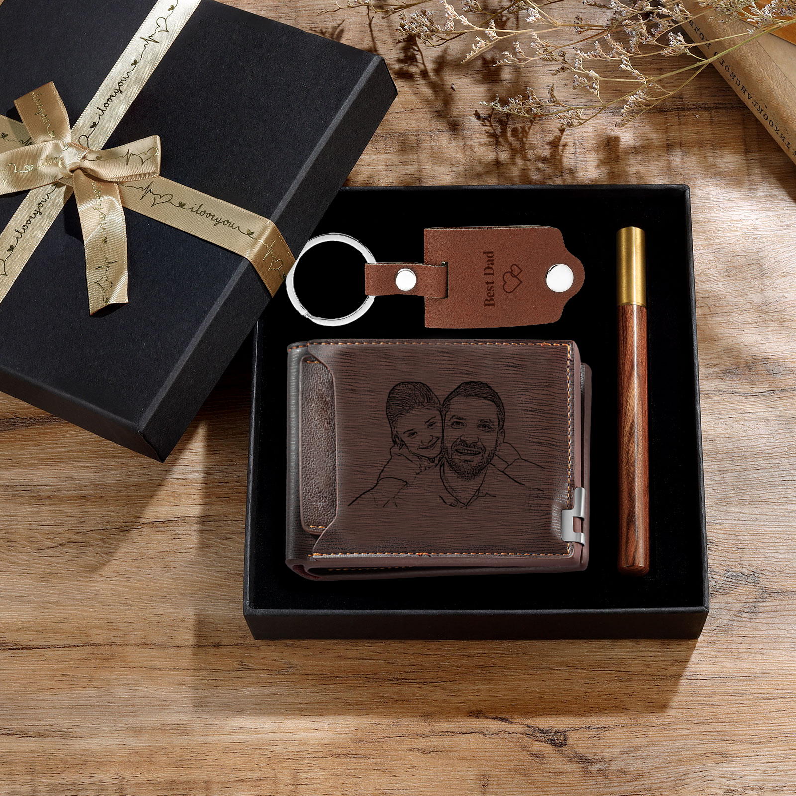 Personalised 3 Texts & 2 Photos Gift Set Custom Wallet & Keychain & Pen Gift Box Set Father’s Day Gift for Him-Jessemade AU