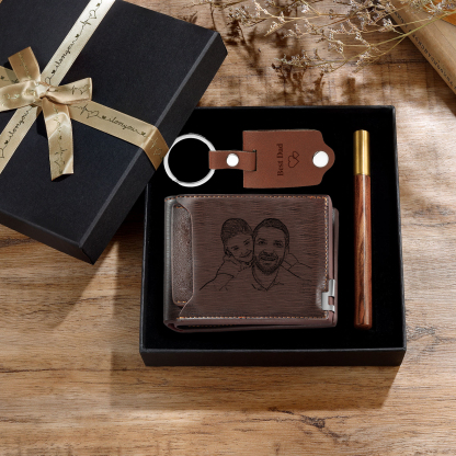 Personalised 3 Texts & 2 Photos Gift Set Custom Wallet & Keychain & Pen Gift Box Set Father’s Day Gift for Him-Jessemade AU