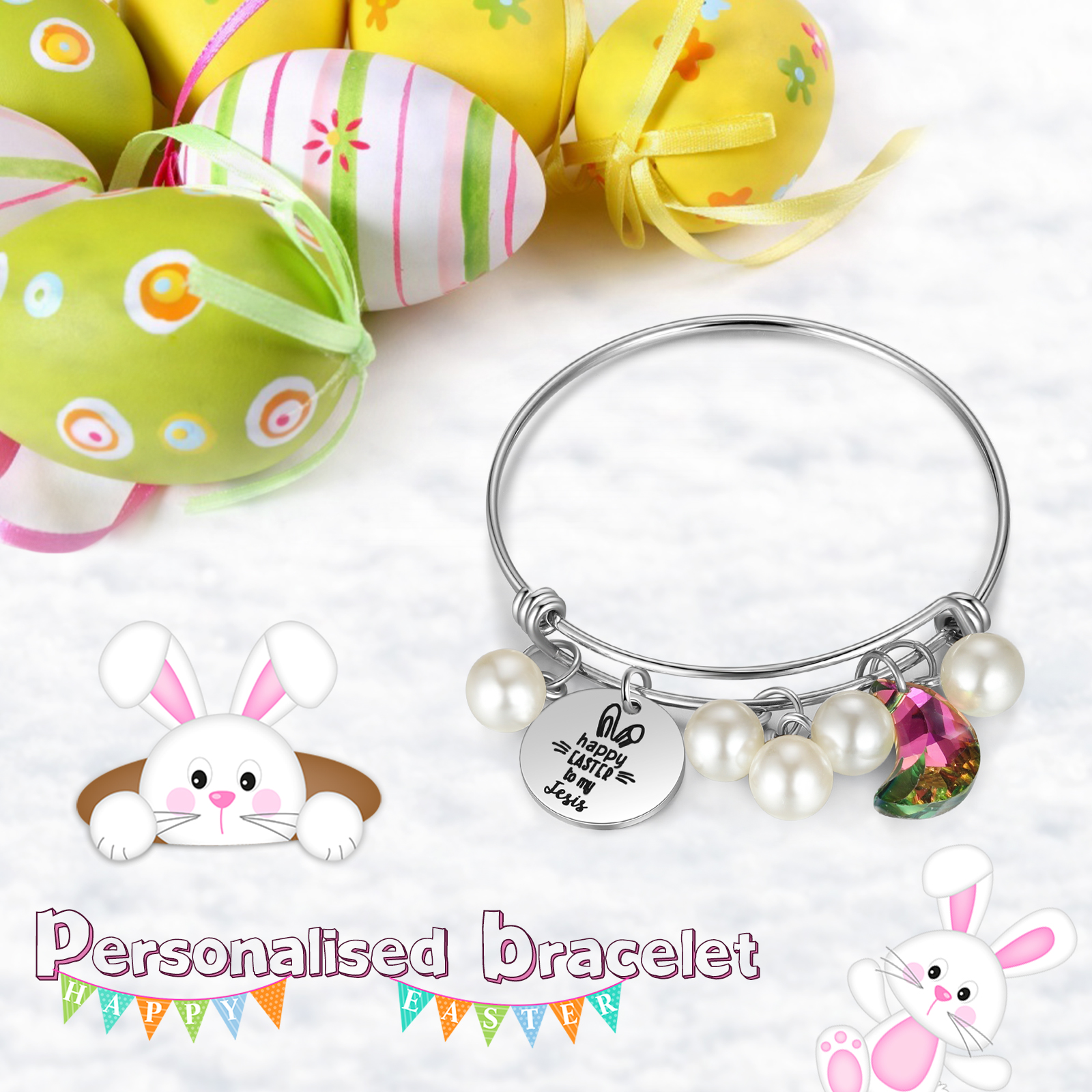 Easter Gifts Personalised Bunny Bangle Bracelet With Name Peals Crystals Bangle Gifts For Her-Jessemade AU