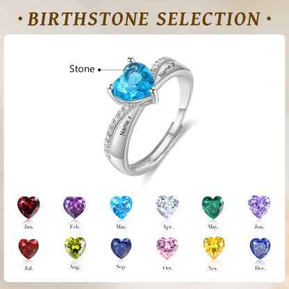 Personalised Heart Birthstone Ring Customised 2 Names Open Ring Gift for Women Girls-Jessemade AU