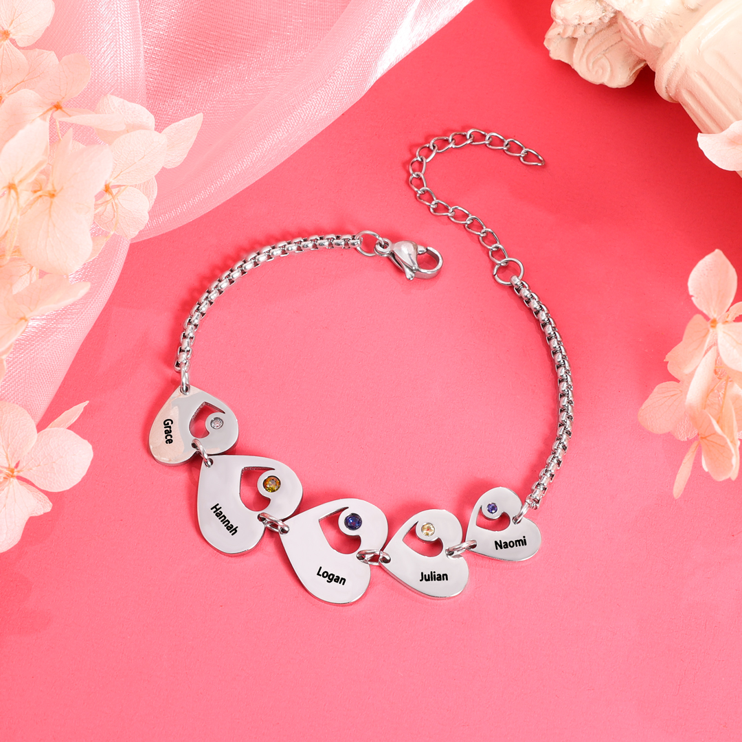 Personalised Heart Bracelet with Birthstones Custom 6 Names Family Bracelet Gifts for Her-Jessemade AU