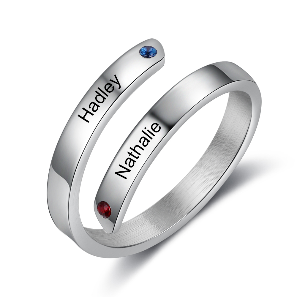 Personalised Mother Ring With 2 Birthstones Engraved Names Ring Gift For Women-Jessemade AU