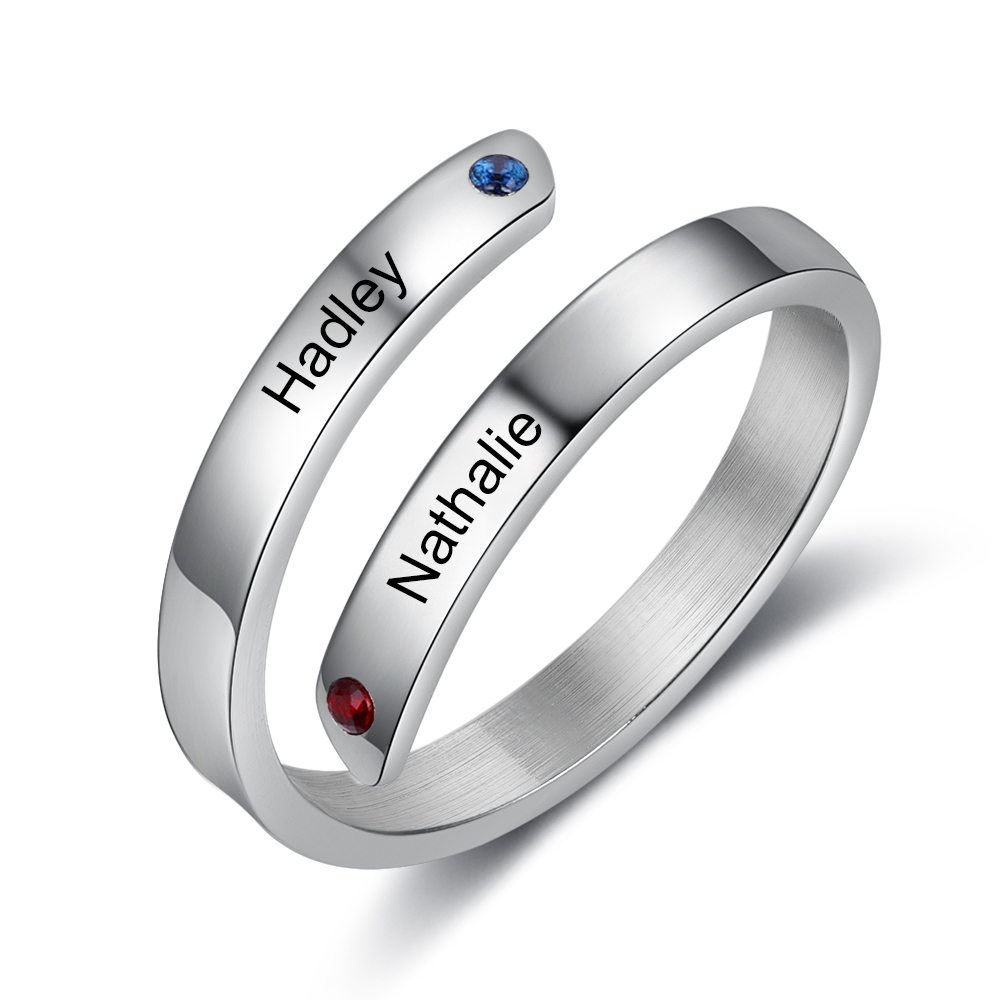 Personalised Mother Ring With 2 Birthstones Engraved Names Ring Gift For Women-Jessemade AU