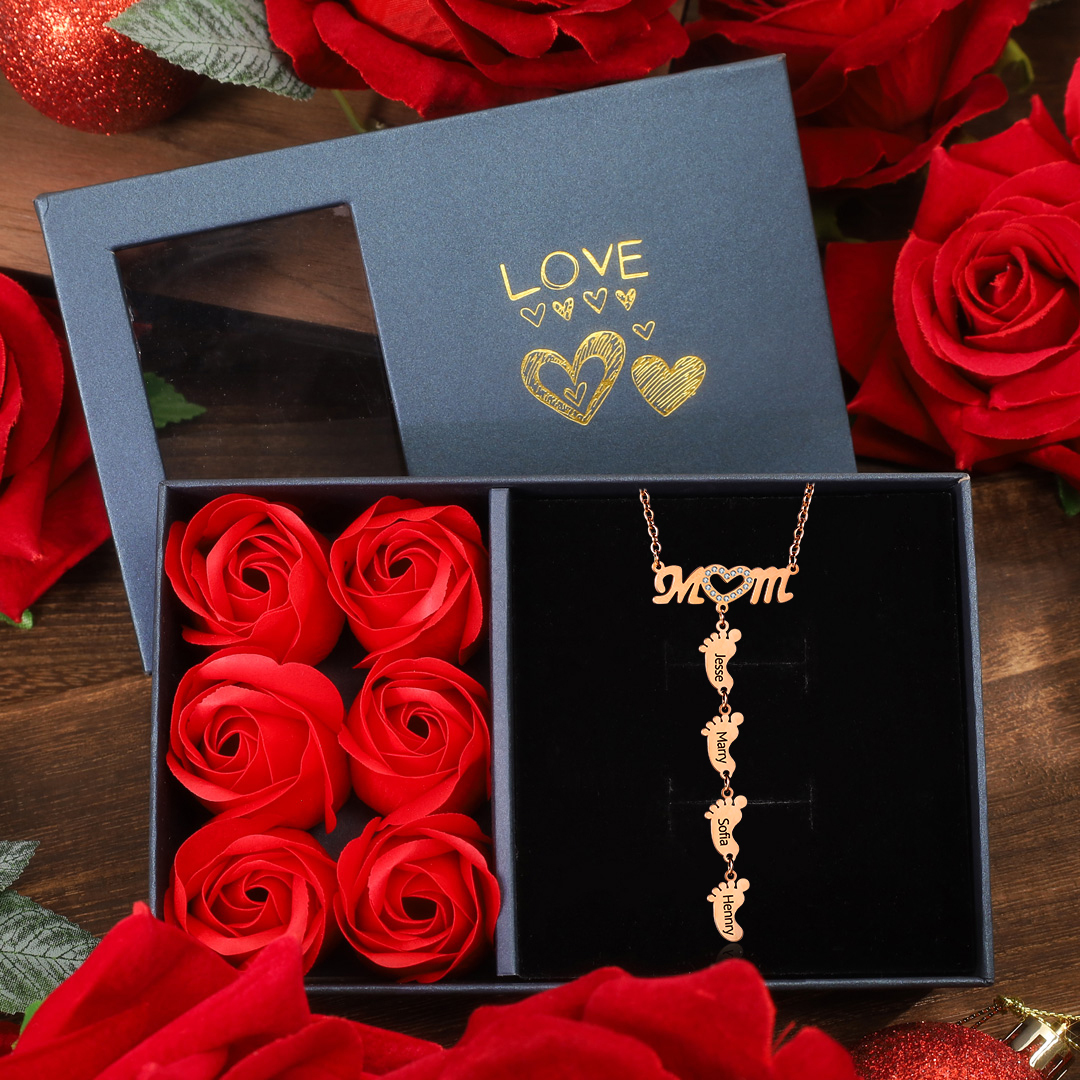 Mother Necklace with 4 Baby Feet Pendants Engraved 4 Names Rose Gift Set
