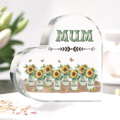 Personalised Acrylic Heart Keepsake Custom 8 Names & 1 Text Sunflower Vase Ornament Gifts for Mother/Grandma-Jessemade AU