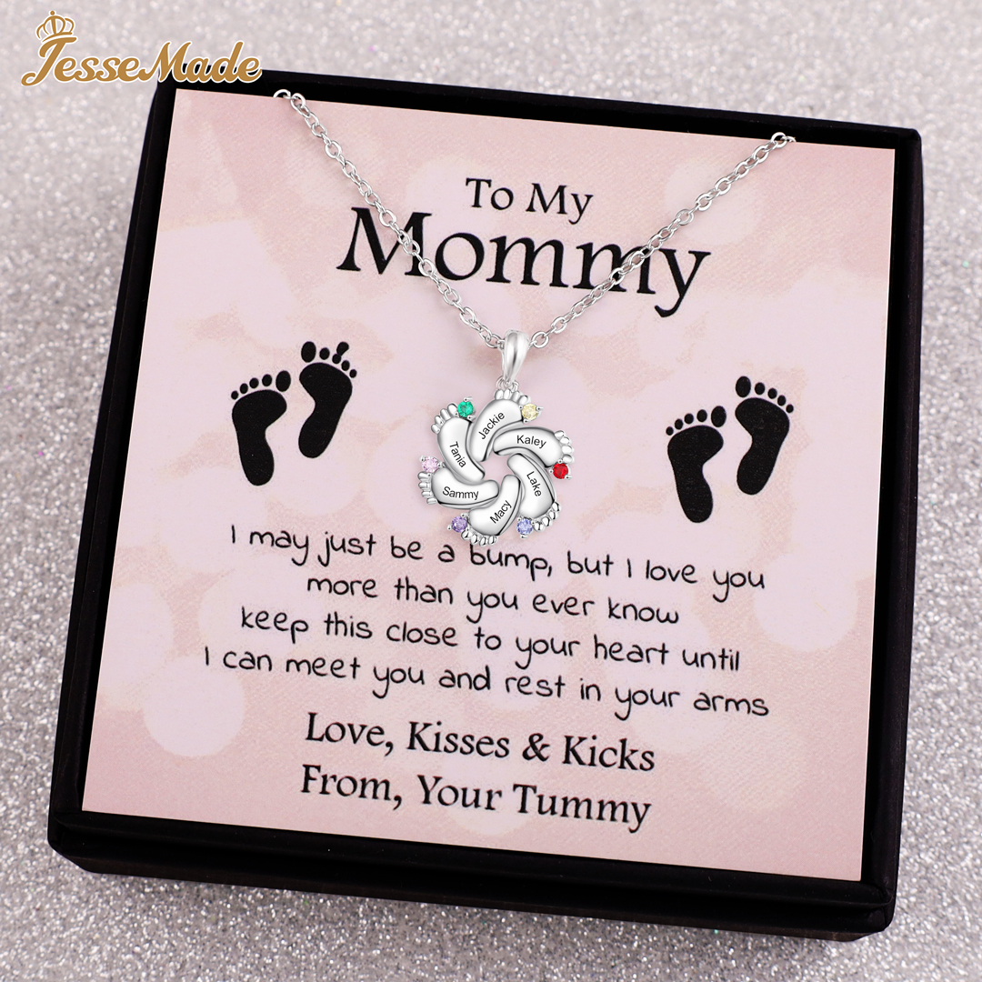 Personalised Baby Foot Necklace With 6 Birthstones Engraved Names Gift For Mother-Jessemade AU