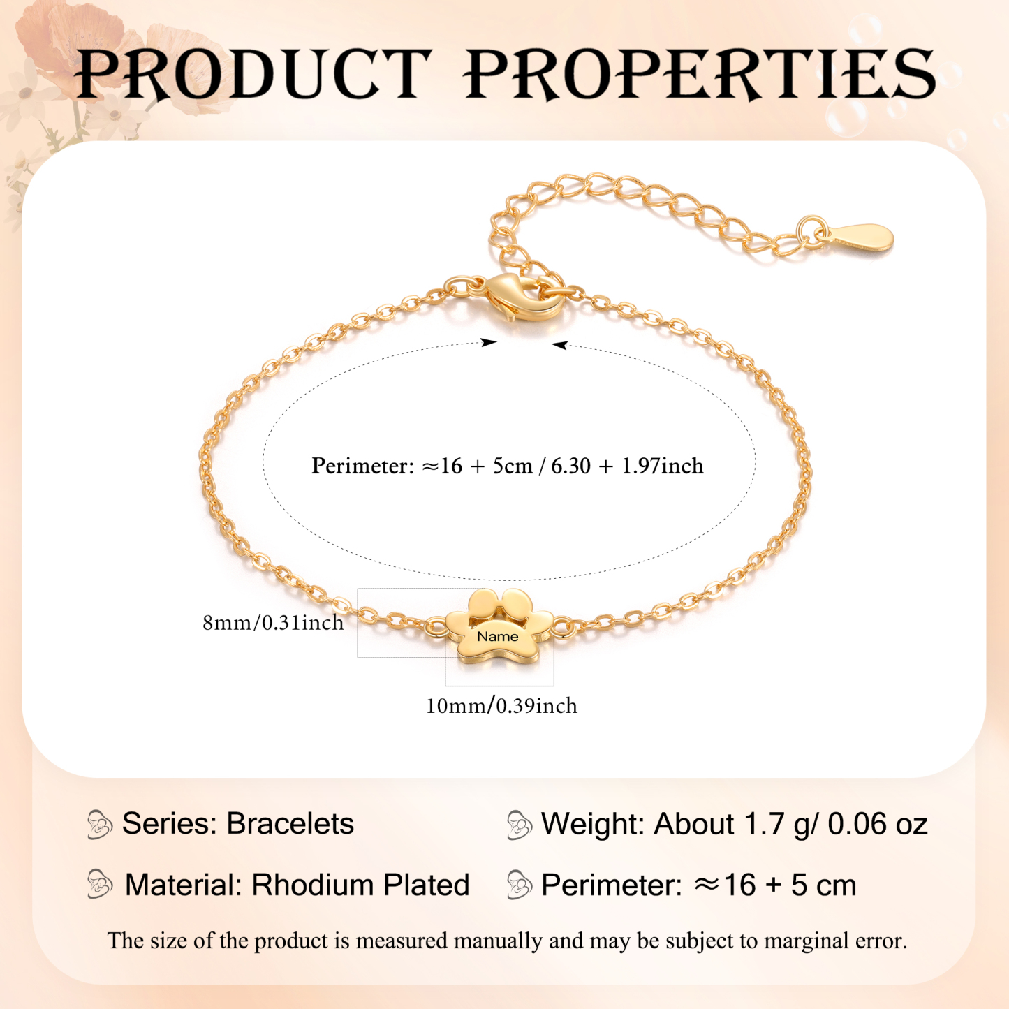 Pet Paw Custom 1 Name Bracelet Gold Adjustable Bracelet Dog Cat Paw Personalised Birthday Gift for Her-Jessemade AU