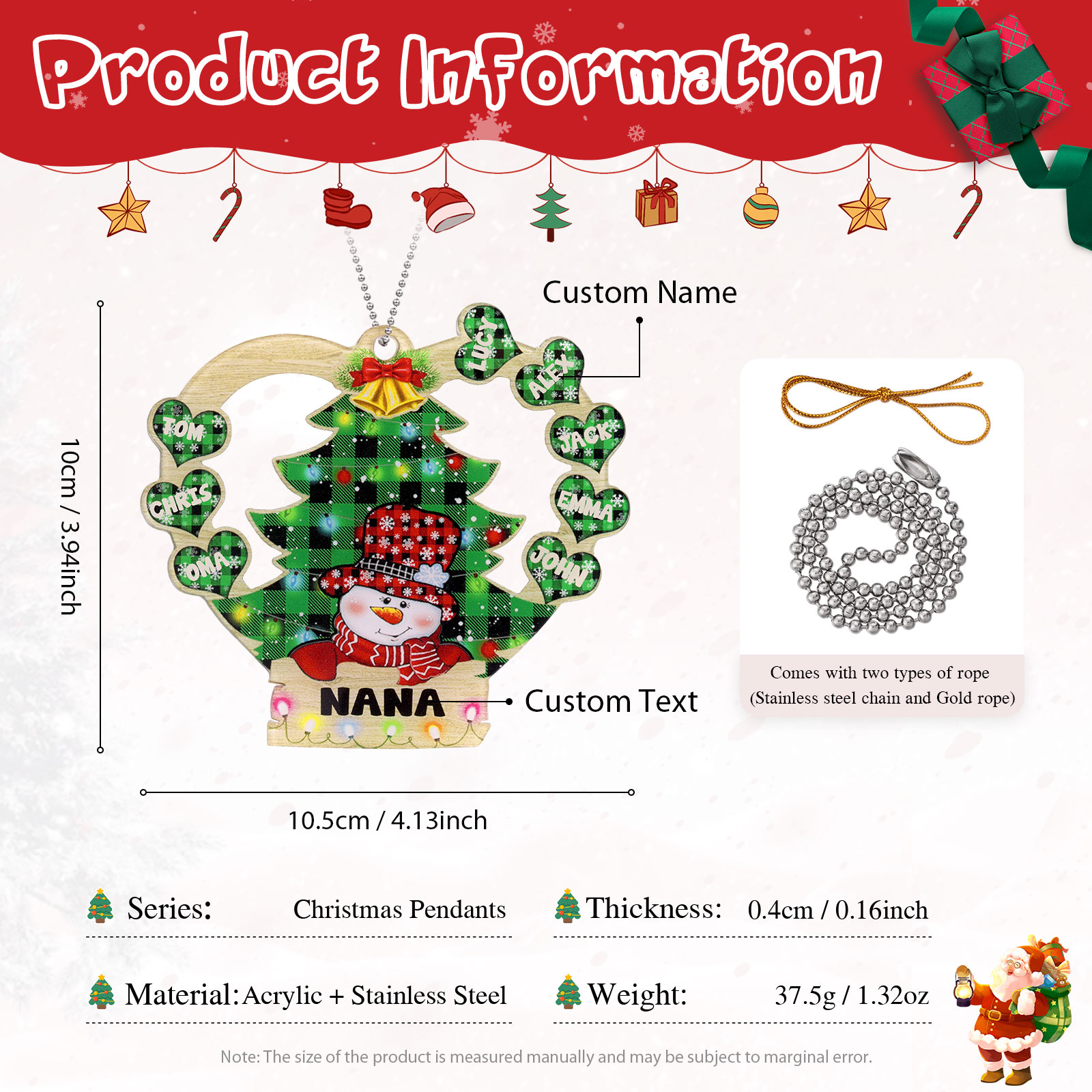 8 Names - Personalised Heart Christmas Tree Ornament Customised Name & Text Acrylic Snowman Hanging Ornaments Gift for Family-Jessemade AU