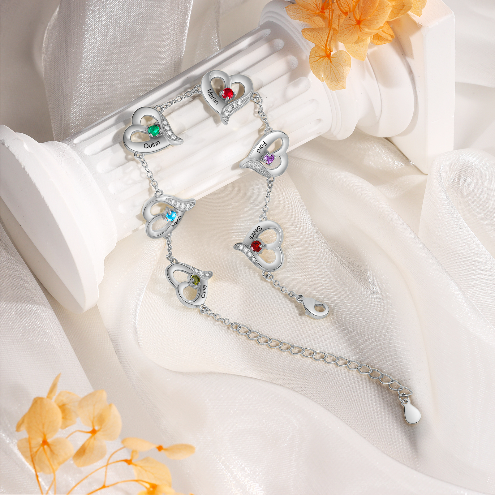 6 Names - Personalised Heart Bracelet Customised Names & Birthstones Bracelets Silver Valentine's Day Gift For Her-Jessemade AU