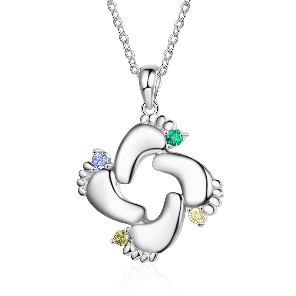 Personalised Baby Foot Necklace With 4 Birthstones Engraved Names Gift For Mother-Jessemade AU