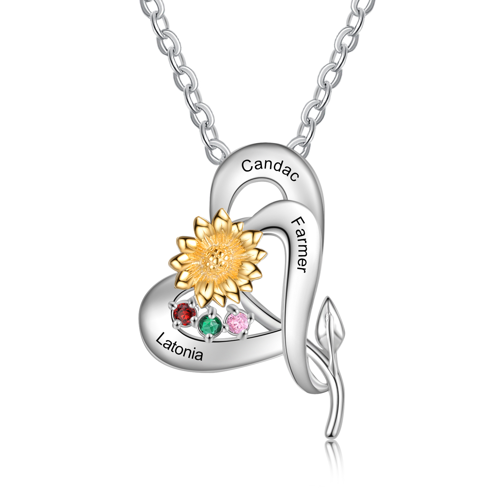 Personalised Sunflower Necklace With 3 Birthstones Engraved Names Necklace Gift For Women-Jessemade AU