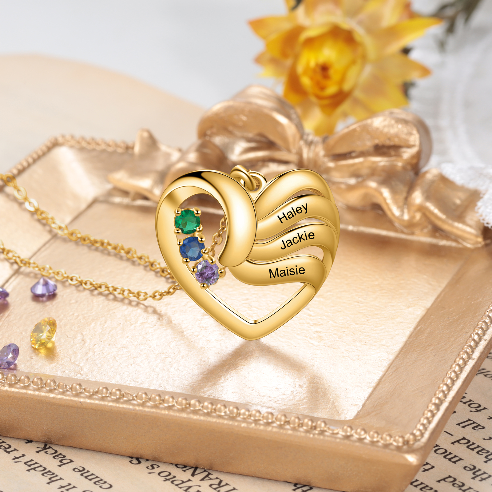 Customised Heart Necklace With 3 Birthstones Engraved Names Family Necklace Gifts for Her-Jessemade AU