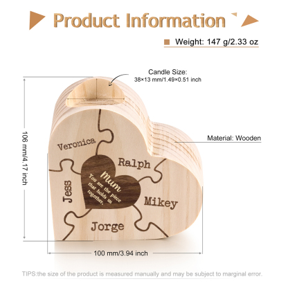 To My Mum Personalised 5 Names Puzzle Candle Holder Wooden Candlestick "You Are The Piece That Holds Us Together"-Jessemade AU