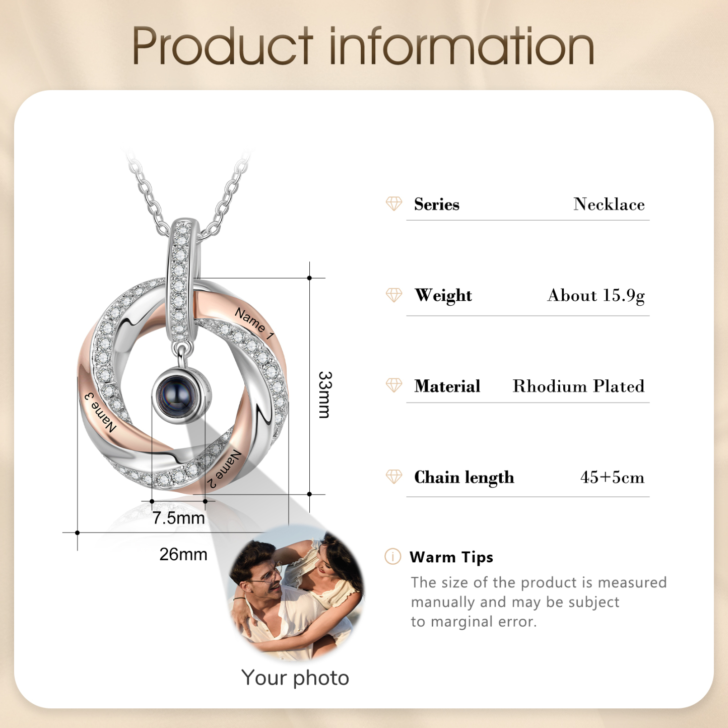 3 Names - Personalised Photo Projection Necklace Custom Name Round Pendant Necklace Gift for Her-Jessemade AU