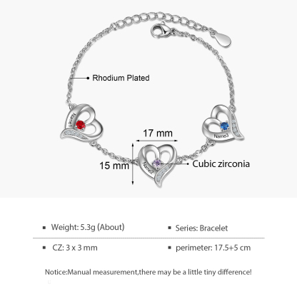 3 Names - Personalised Heart Bracelet Gift Set With Gift Box Custom Name & Birthstone Bracelet Gift For Her-Jessemade AU