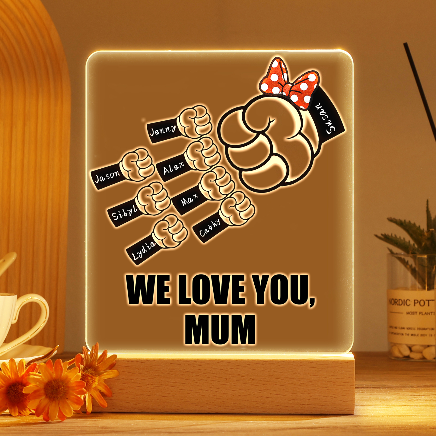 8 Names - Personalised Acrylic Night Light Custom Names & Text Fist Bump LED Lamp Gifts for Family-Jessemade AU