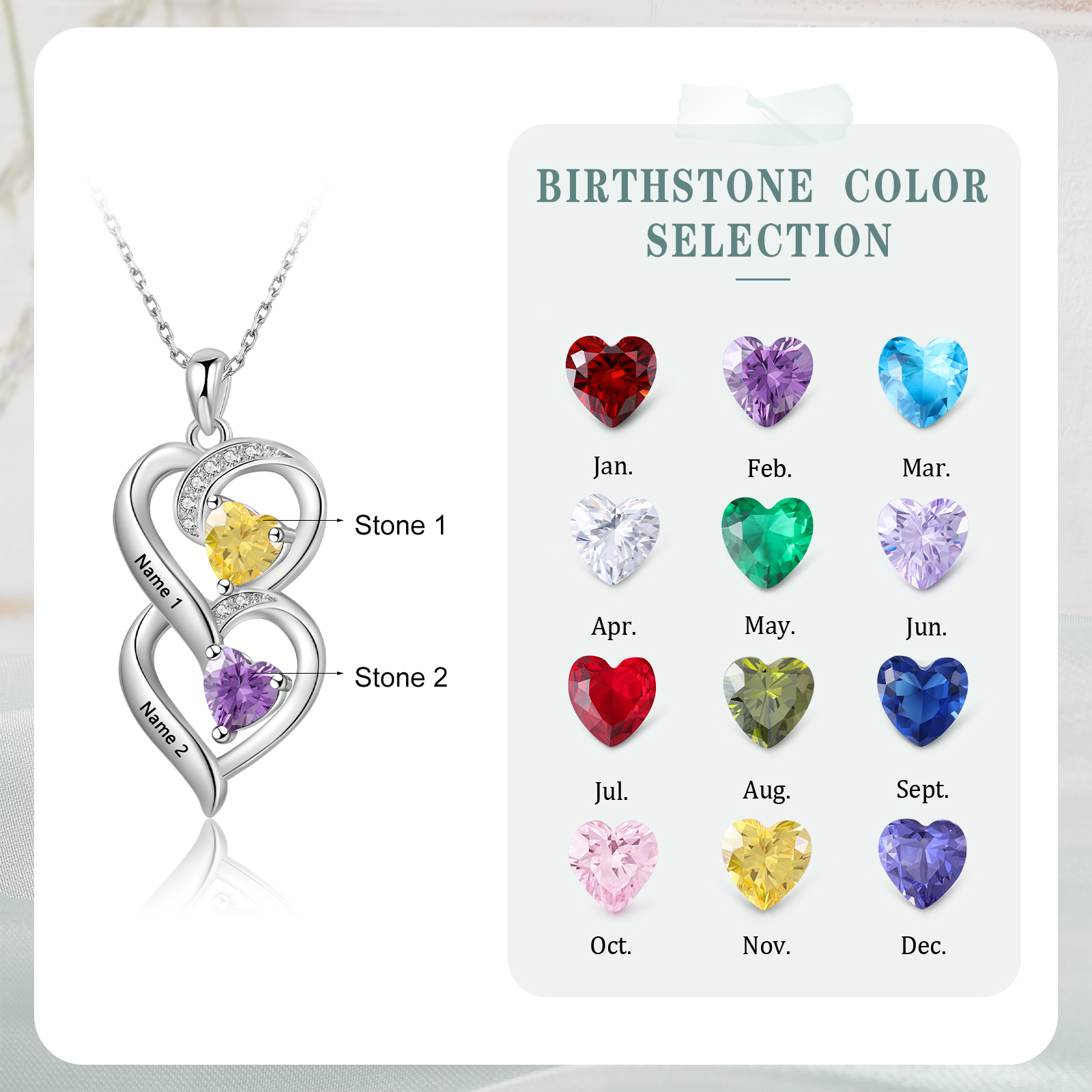 Personalised 2 Birthstones & 2 Names Necklace Custom Heart Pendant Necklace Gifts for Her-Jessemade AU