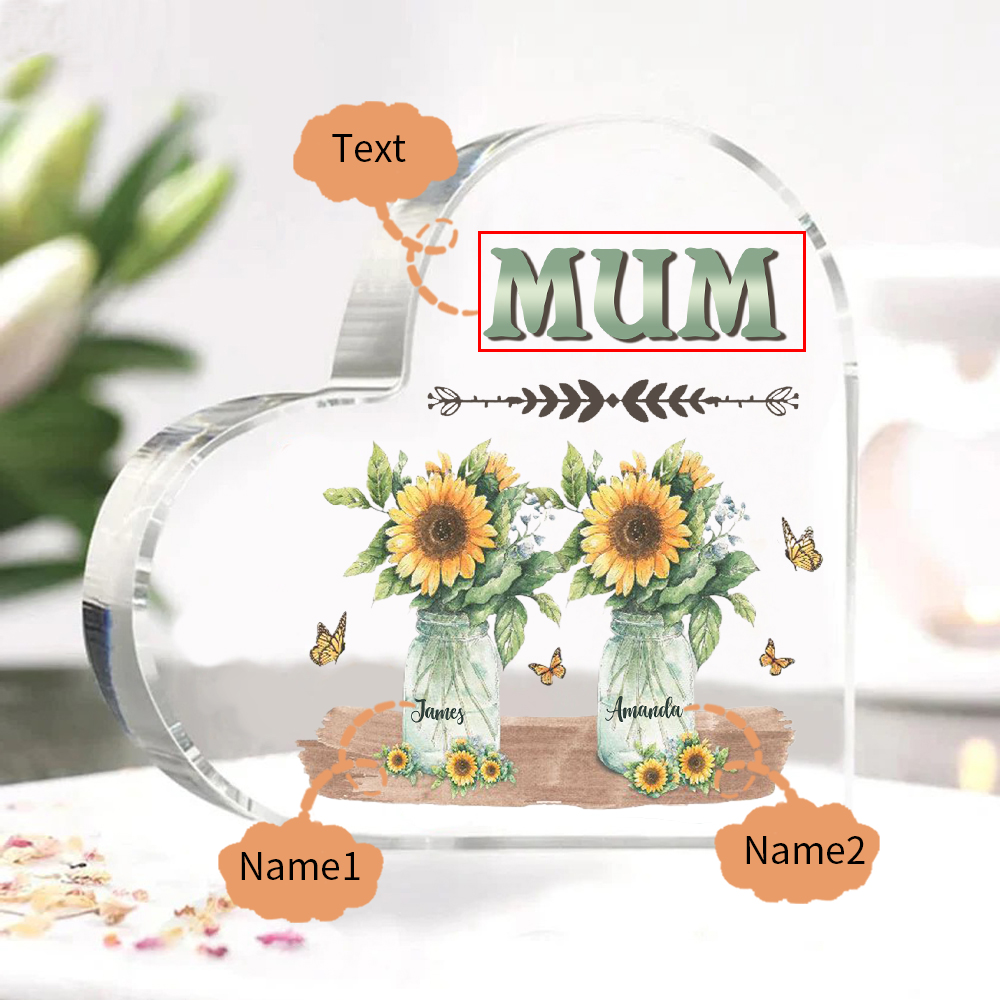 Personalised Acrylic Heart Keepsake Custom 2 Names & 1 Text Sunflower Vase Ornament Gifts for Mother/Grandma-Jessemade AU