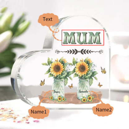Personalised Acrylic Heart Keepsake Custom 2 Names & 1 Text Sunflower Vase Ornament Gifts for Mother/Grandma-Jessemade AU