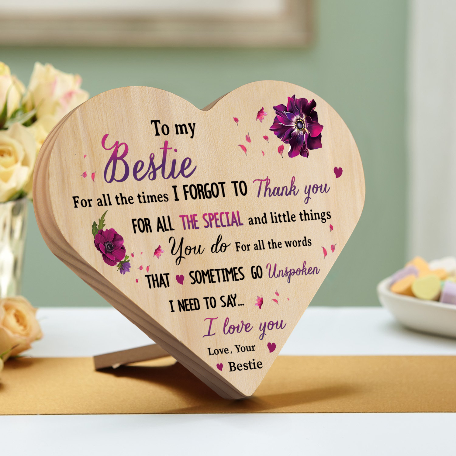 To My Bestie Violet Wooden Heart Keepsake Desktop Ornament "For all the times I forgot to thank you" Friendship Gifts-Jessemade AU
