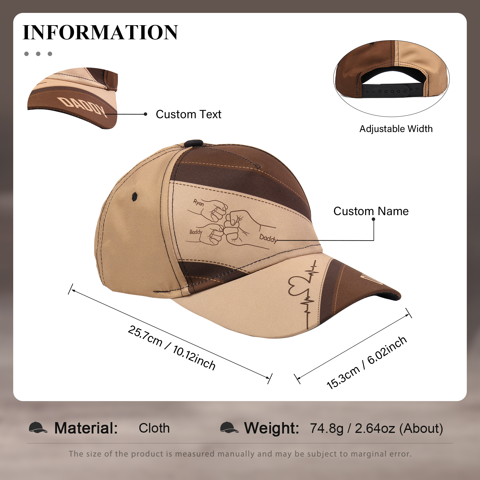 Personalised Fist Bump Classical Baseball Cap Custom 3 Names & 1 Text Snapback Adjustable Gift for Dad/Grandpa/Husband-Jessemade AU