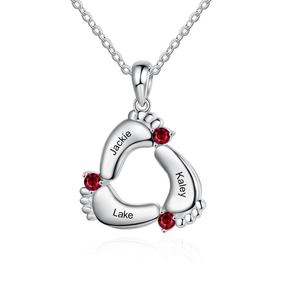 Personalised Baby Foot Necklace With 3 Birthstones Engraved Names Gift For Mother-Jessemade AU