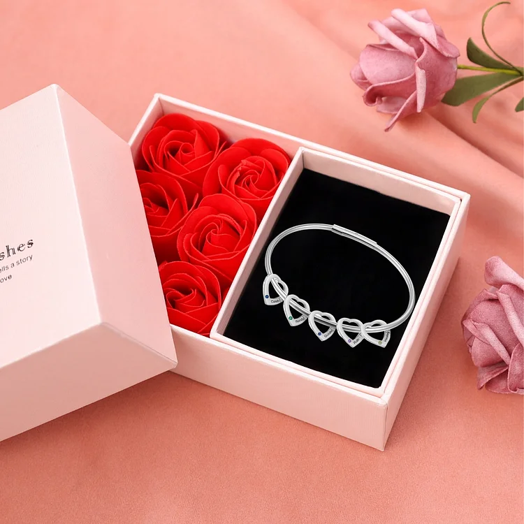 5 Names - Personalised Heart Bracelet with 5 Birthstones Custom Name & Birthstone Bracelet Gift for Her