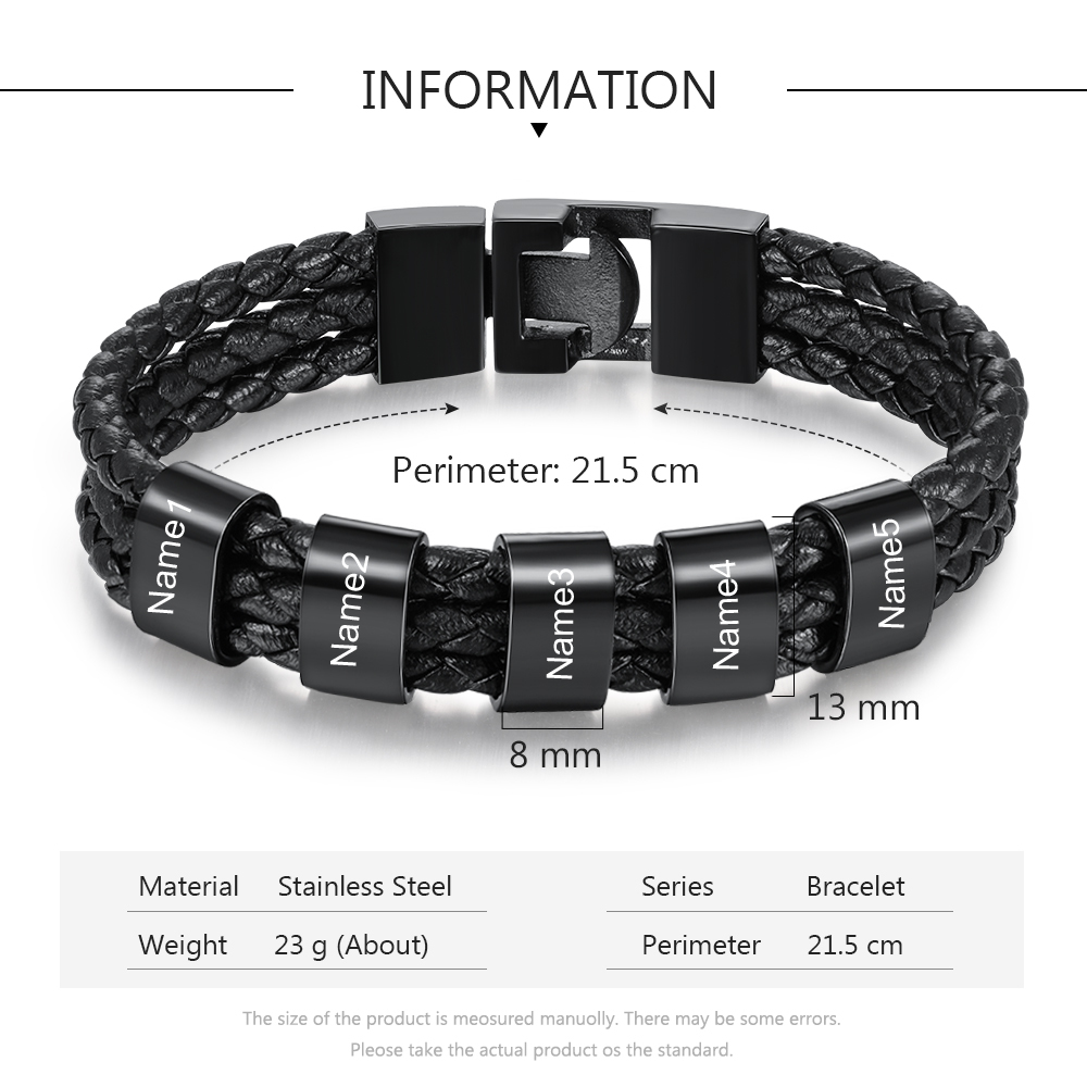 Personalised Braided Leather Bracelet Engraved 8 Names Men's Bracelet Gifts For Him-Jessemade AU