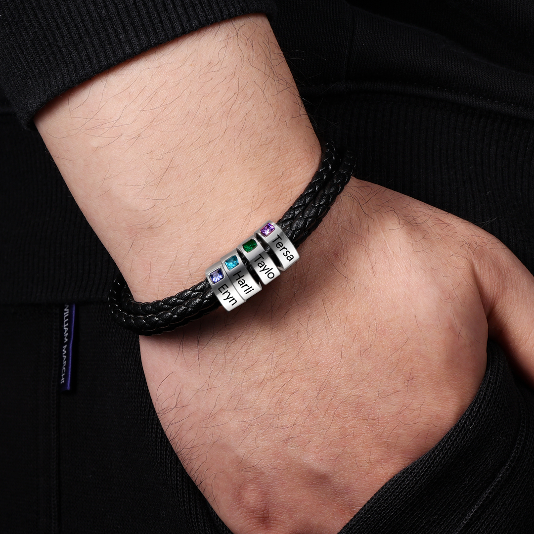 Personalised 3 Layer Leather Bracelet with 2 Beads Engraved Names Men's Bracelets for Him-Jessemade AU