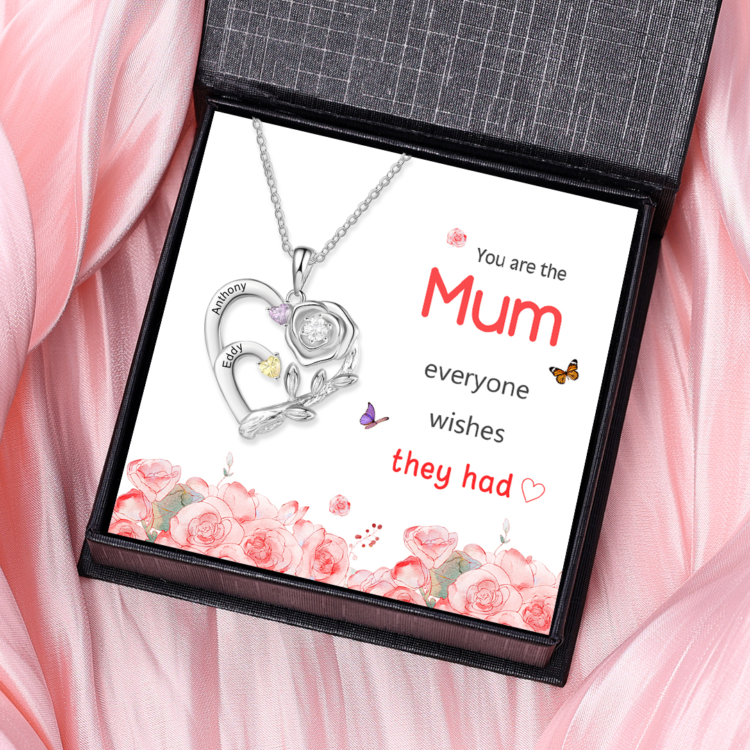 Personalised Mother Rose Necklace 2 Stones Engraved 2 Names Birthstone Intertwined Heart Pendant for Mum-Jessemade AU