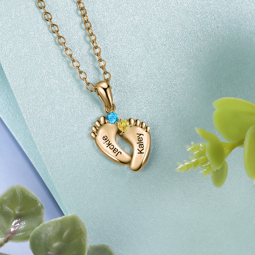 Personalised Baby Feet Necklace With 2 Birthstones Engraved Names Gift For Mother-Jessemade AU