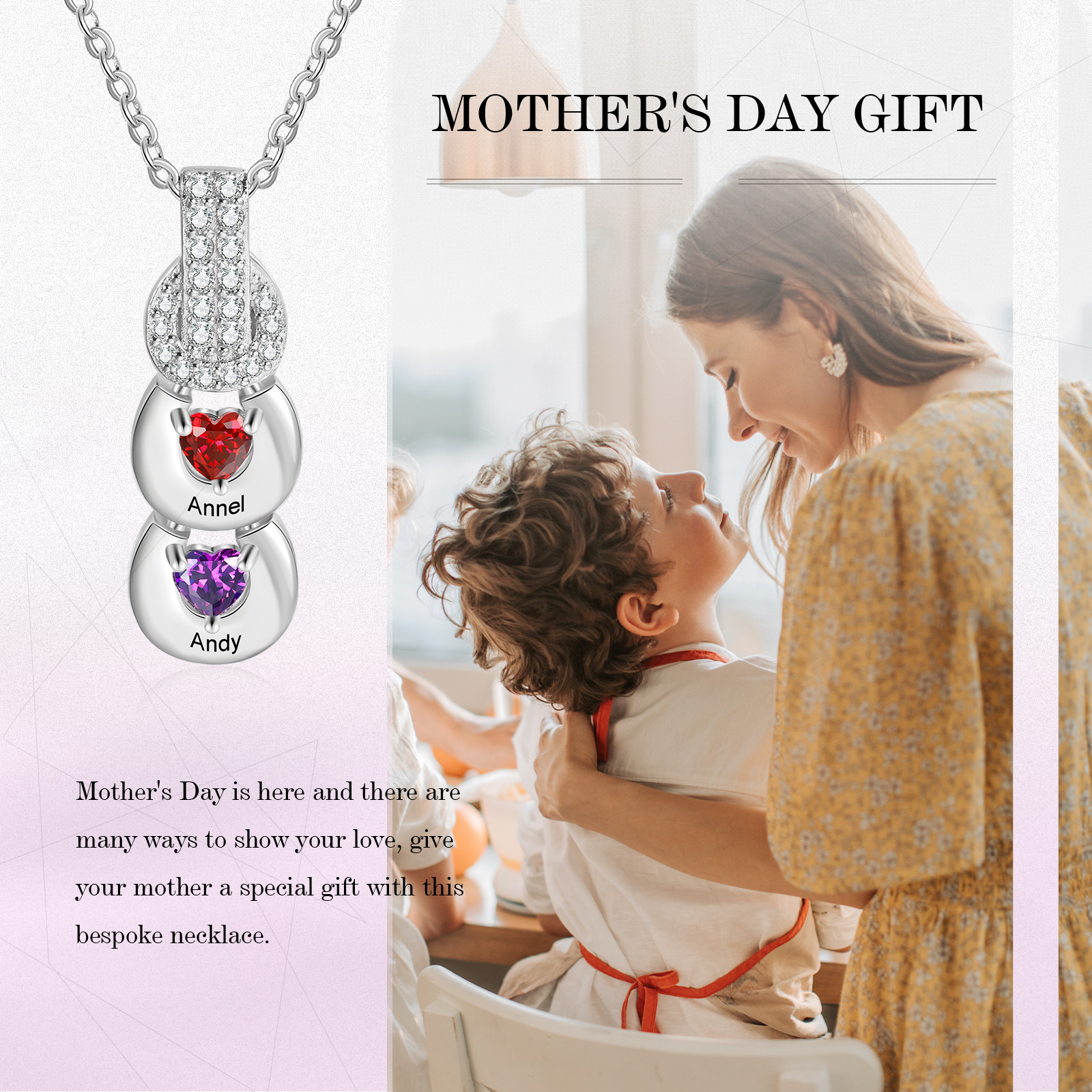 Custom Family Necklace Cascading Pendant with 2 Birthstones Engraving 2 Names Gifts for Her-Jessemade AU