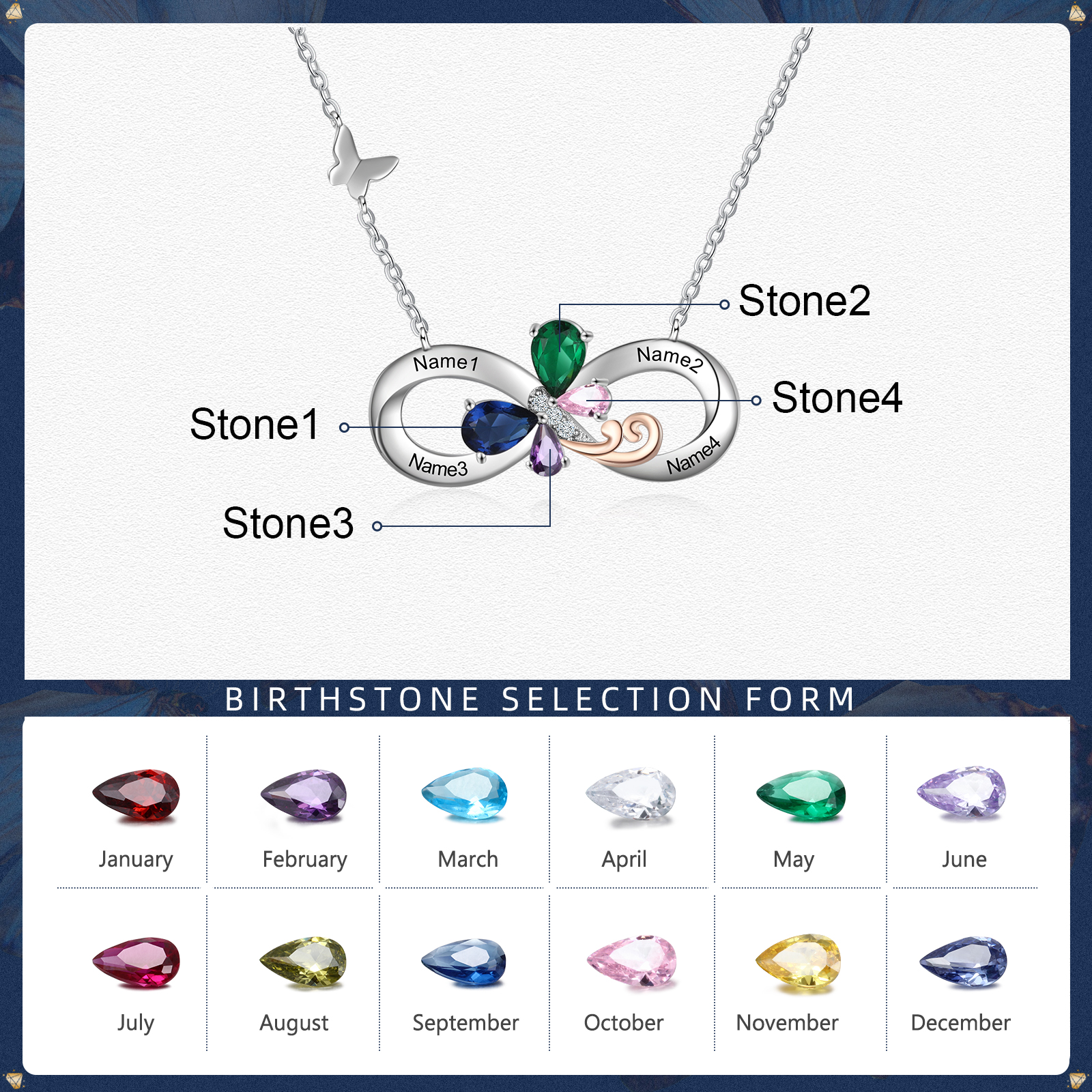 Personalised Infinity Butterfly Necklace With 4 Birthstones Engraved Names Gift For Women-Jessemade AU