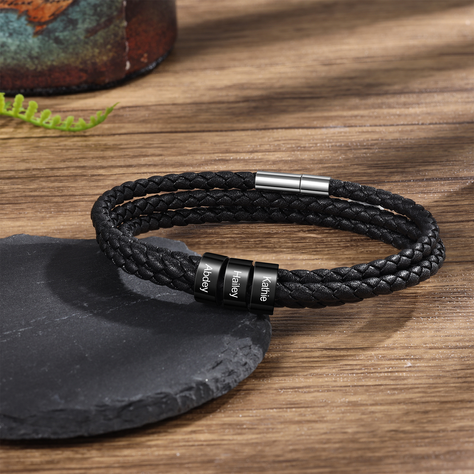 Father's Day Gift Men Braided Leather Bracelets with 3 Beads Bracelet Gifts for Him-Jessemade AU