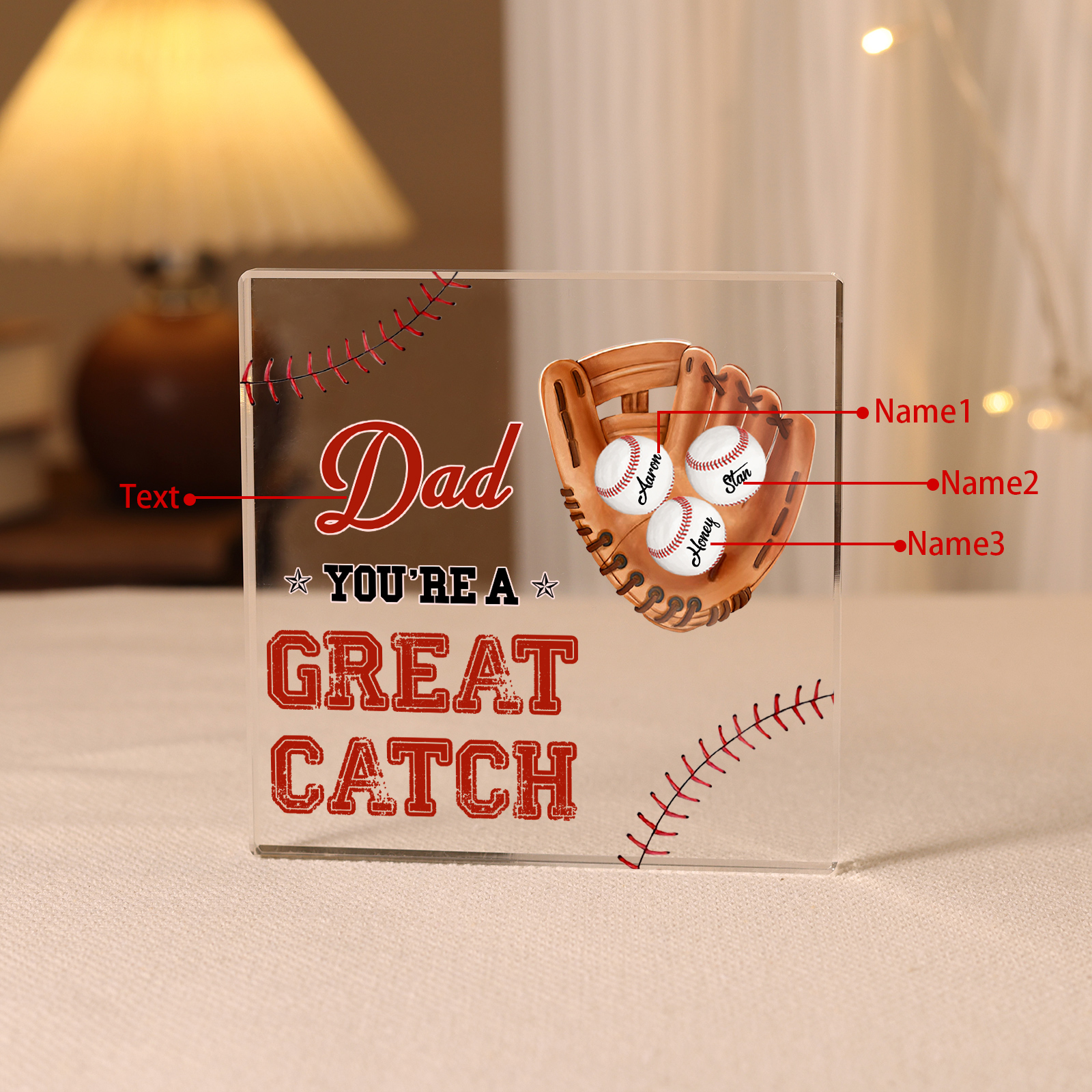 Personalised 3 Names & 1 Text Acrylic Square Keepsake Baseball Rectangle Plaque Gifts for Dad/Grandpa - You're A Great Catch-Jessemade AU