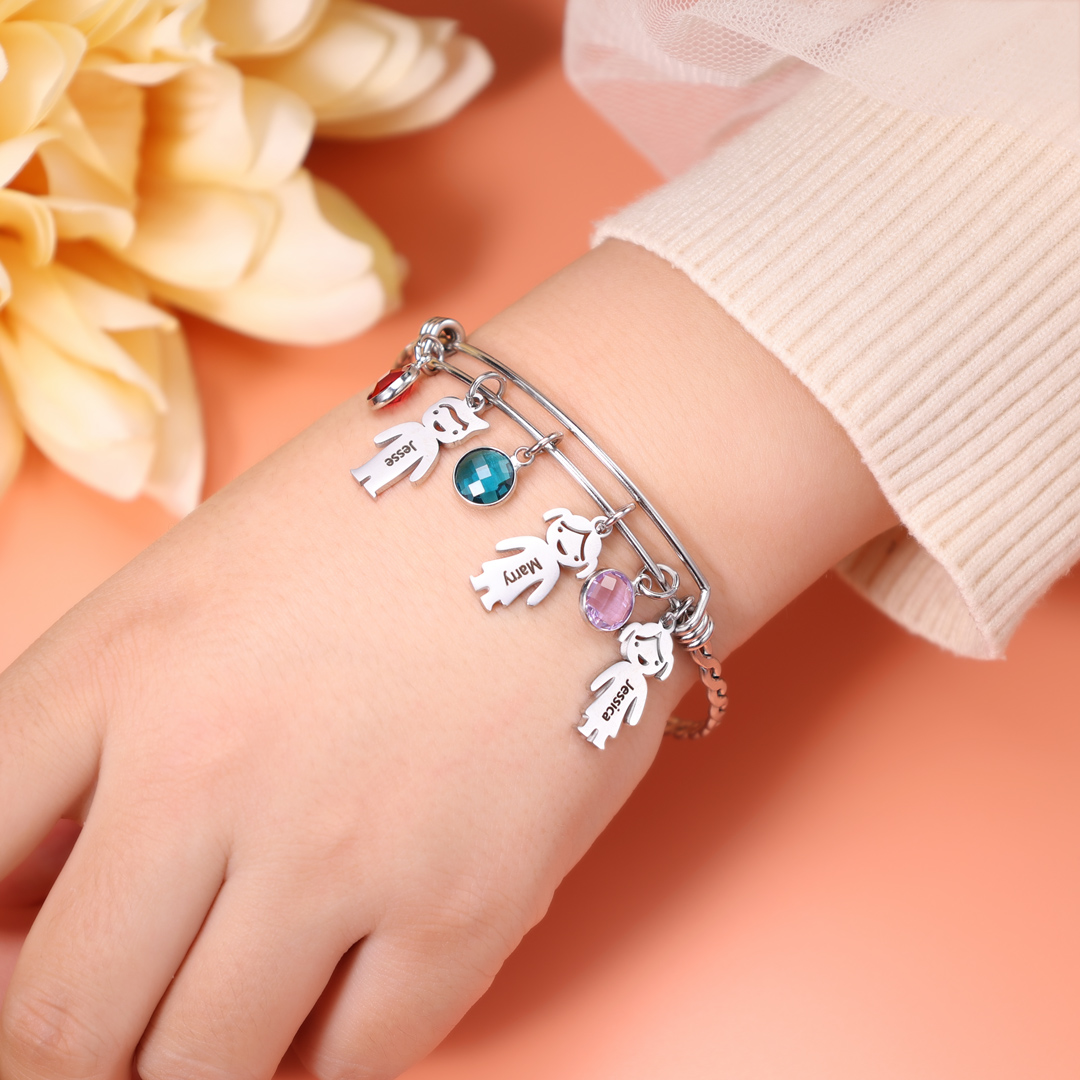 Personalised Kid Charms Bangle Bracelet With Names Customised 5 Birthstones Gift for Her-Jessemade AU