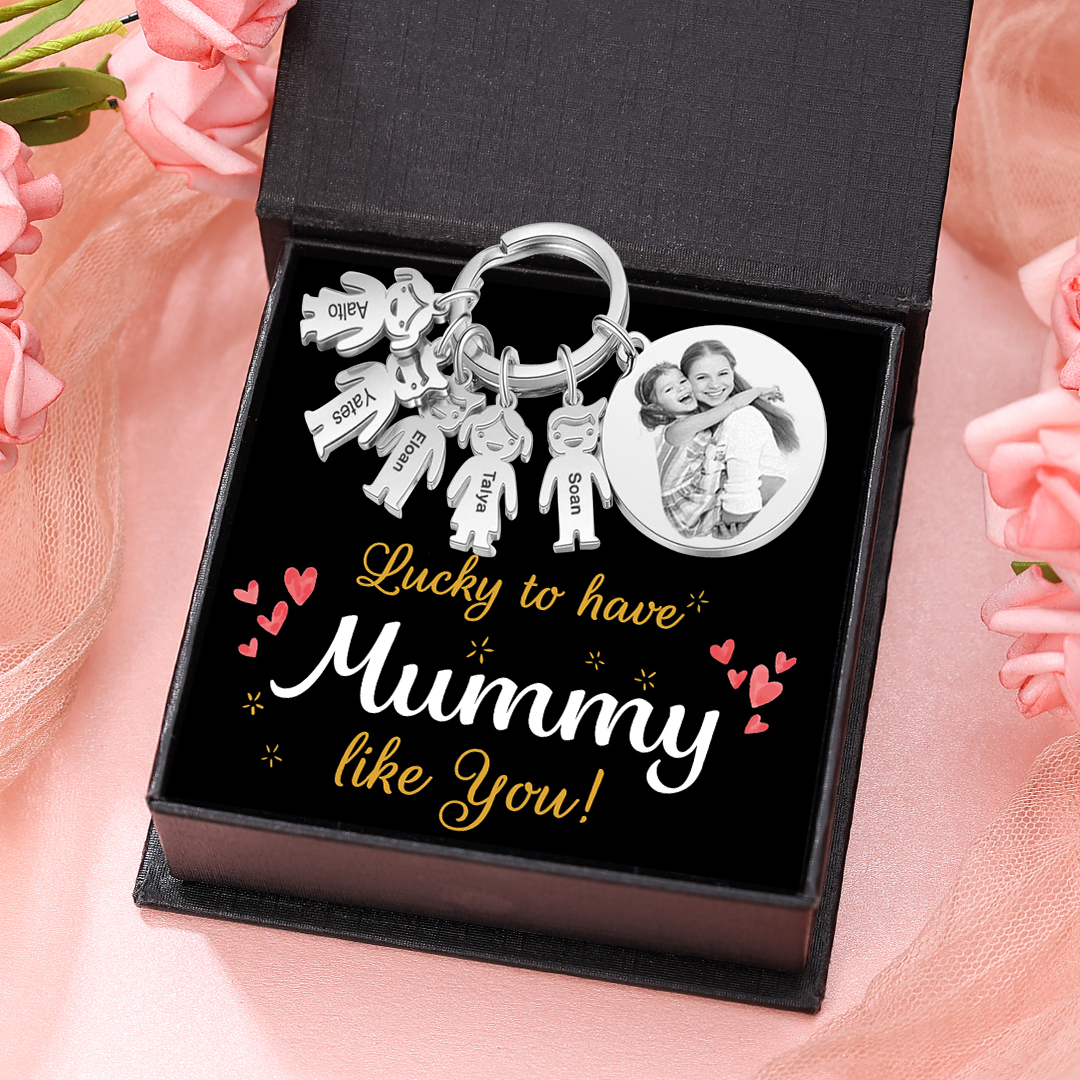 5 Names - Personalised Photo Keychain with Kid Charm Custom Text Keyring Gifts for Father/Mother-Jessemade AU