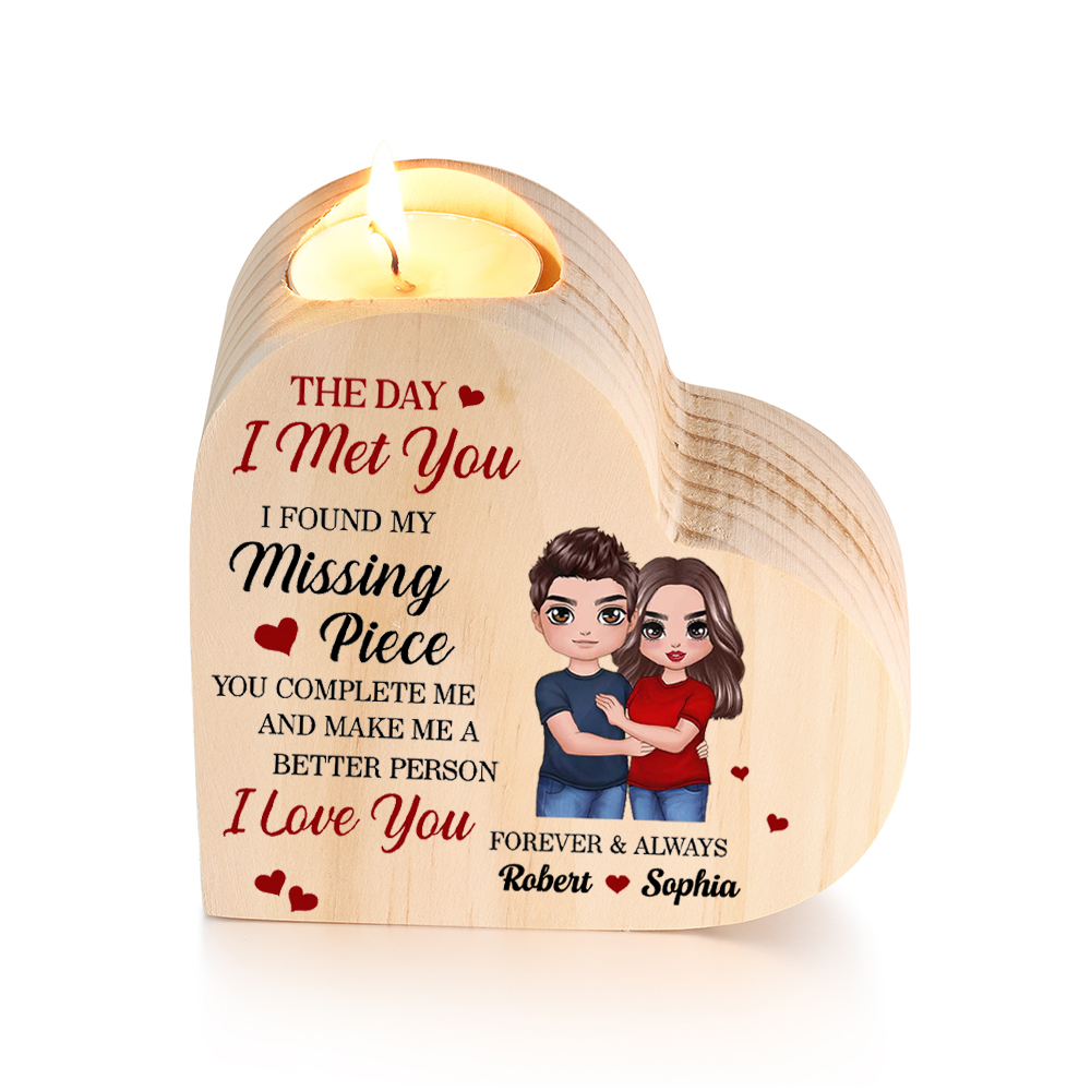 "I FOUND MY Missing Piece" Couple Heart Candle Holder Wooden Candlesticks Valentines Gift-Jessemade AU