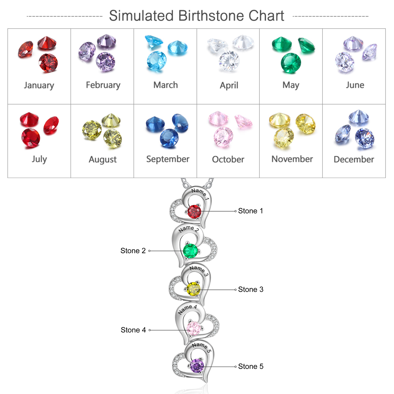 Personalised Heart Necklace With 5 Birthstones Engraved Names Gift For Her-Jessemade AU