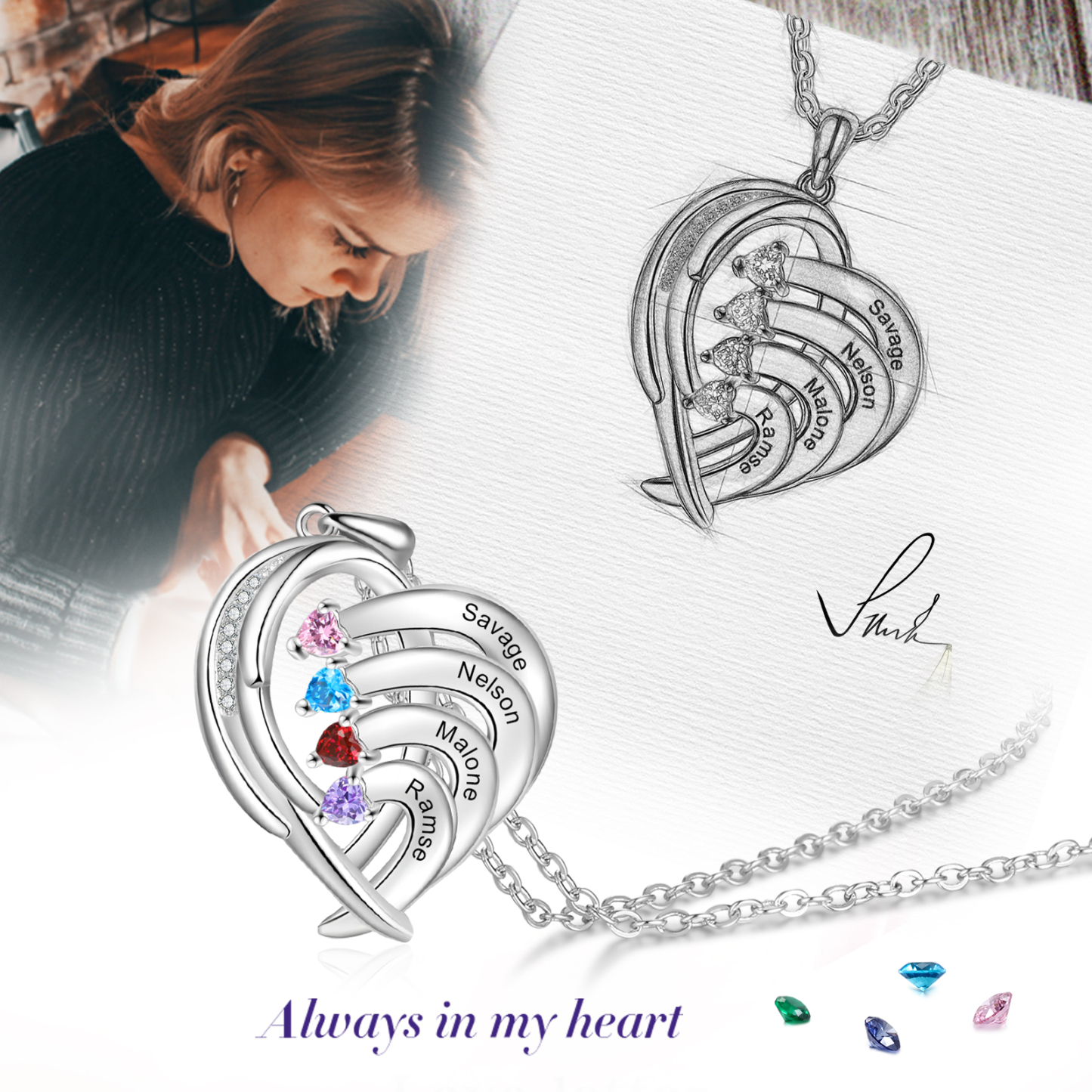 Personalised Heart Wings Necklace With 4 Birthstones Custom Names Necklace Gift For Her-Jessemade AU