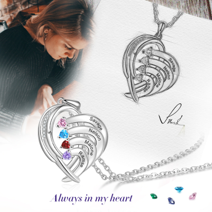 Personalised Heart Wings Necklace With 4 Birthstones Custom Names Necklace Gift For Her-Jessemade AU