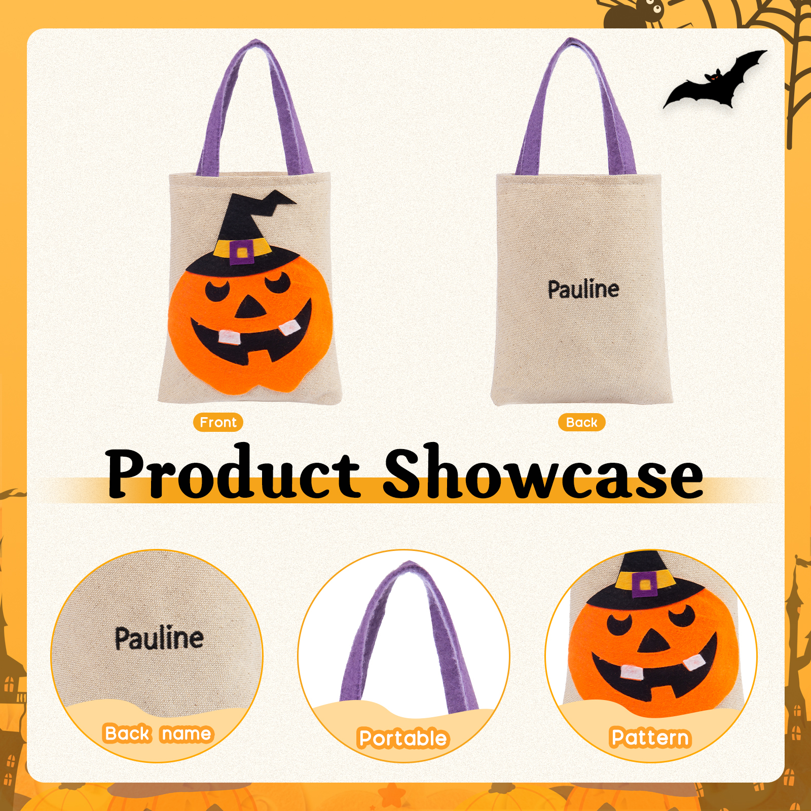 Personalised Halloween Tote Bags Custom 1 Name Halloween Trick or Treat Candy Bags-Jessemade AU
