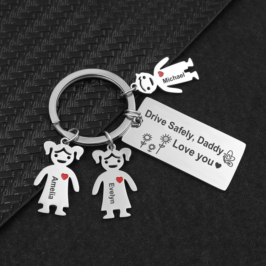 Personalised Kid Charm Keychain Engrave 4 Names Drive Safely Family Keychain-Jessemade AU