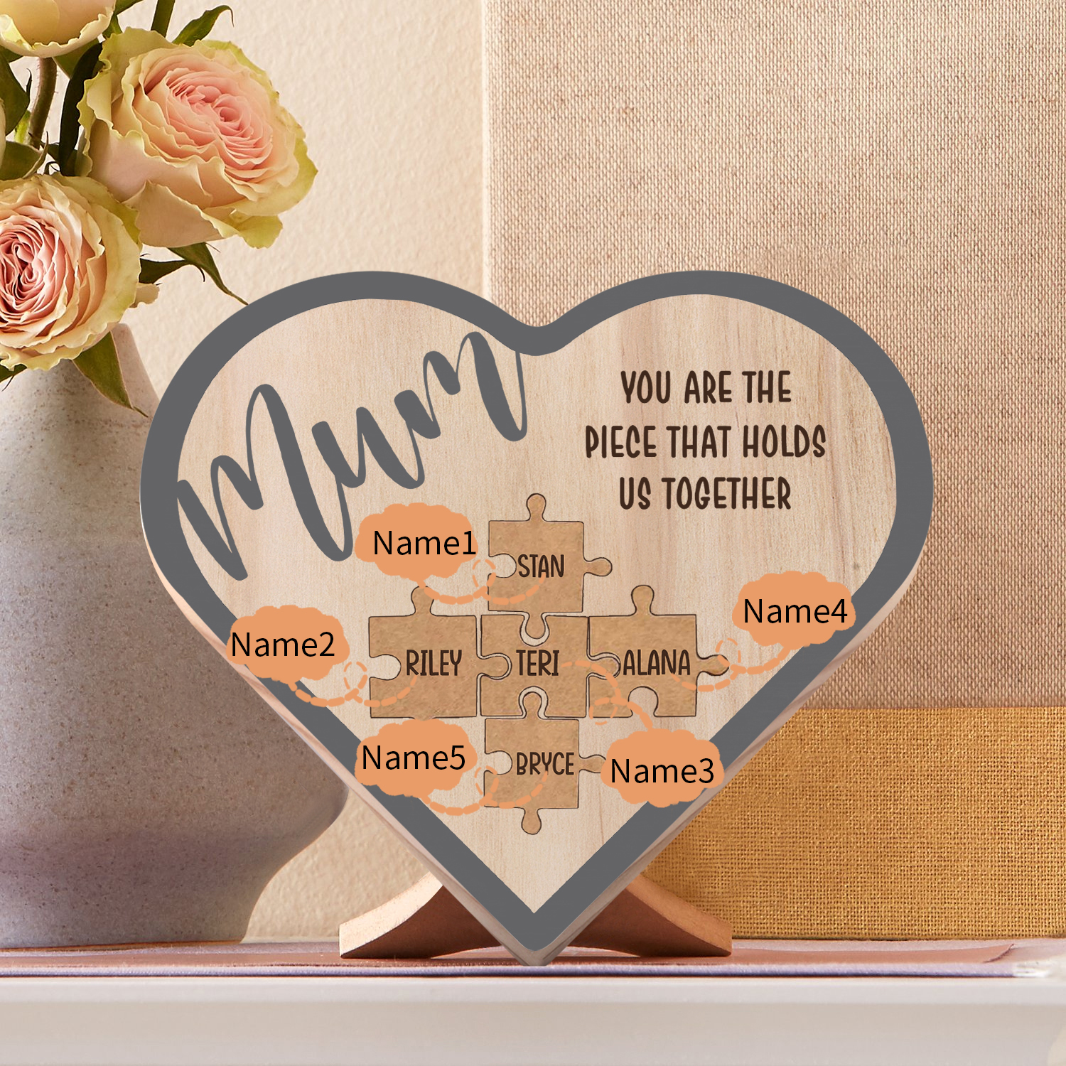 To Mum Personalised Wooden Puzzle Heart Keepsake Desktop Ornament Custom 5 Names Mothers Gifts-Jessemade AU