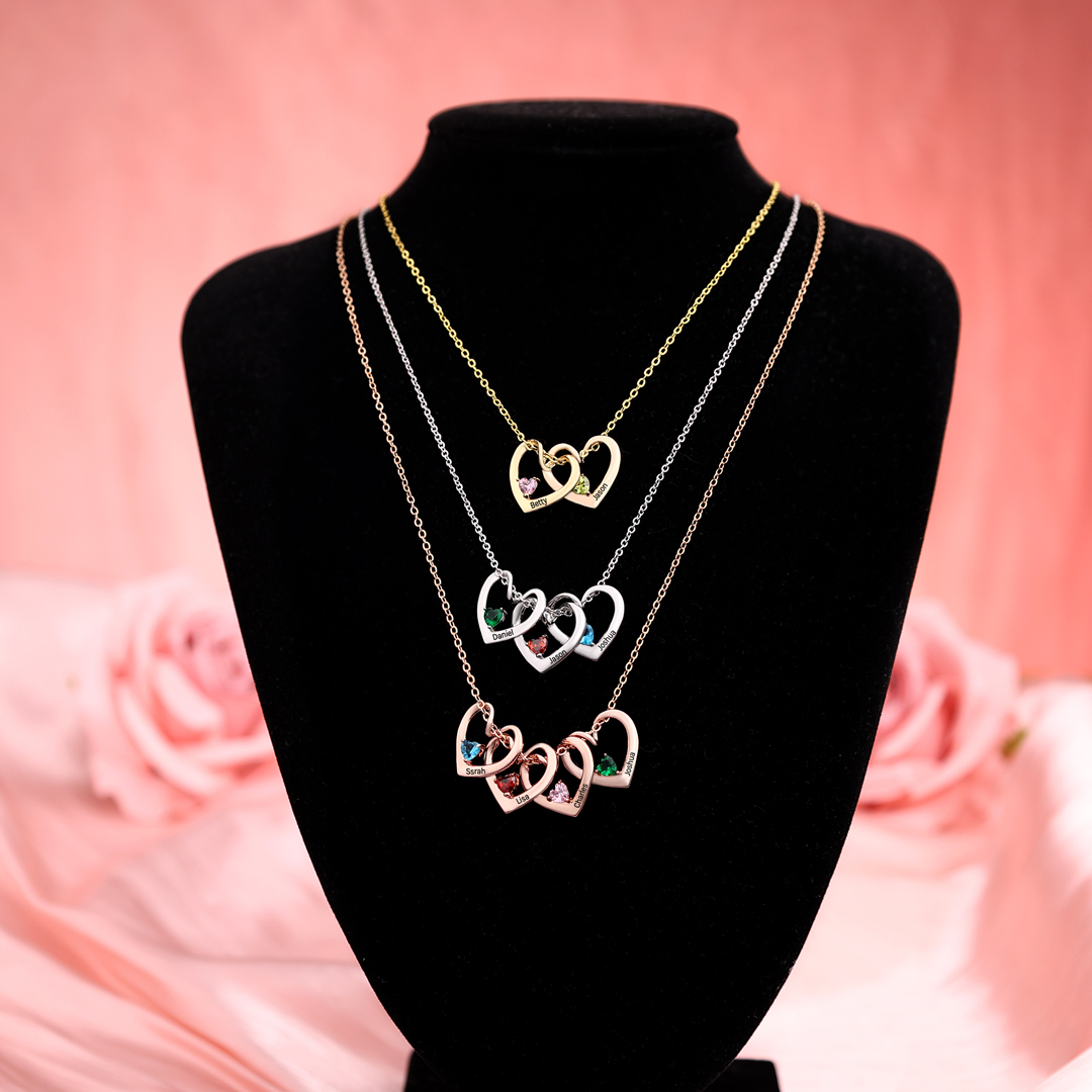 Personalised Heart Pendant Necklace Custom 2 Names & 2 Birthstones Necklace Gifts for Her-Jessemade AU