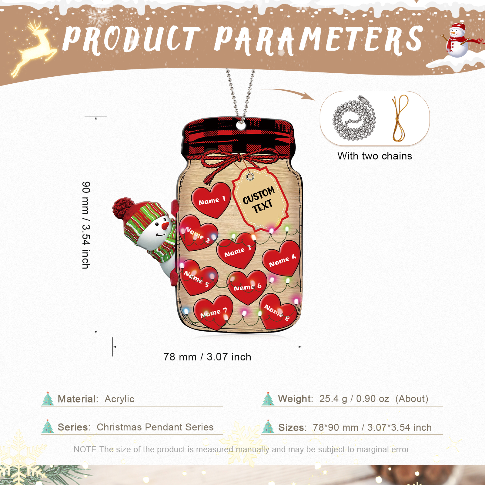 8 Names - Personalised Heart Christmas Ornament Customised Name & Text Acrylic Snowman Hanging Ornaments Jar Gift for Family-Jessemade AU