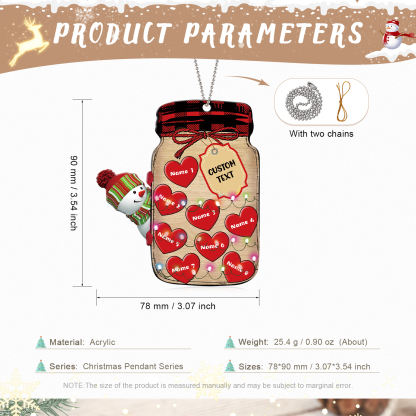 8 Names - Personalised Heart Christmas Ornament Customised Name & Text Acrylic Snowman Hanging Ornaments Jar Gift for Family-Jessemade AU
